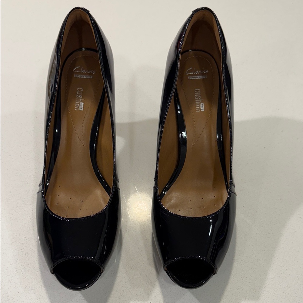 Clarks Glossy Black Peep Toe Heels